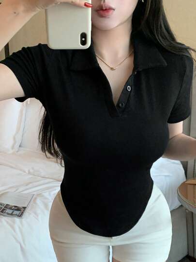 DAZY Women's Black Loose Fit Fashionable Office Wear Slim Fit Polo Shirt Short Sleeve T-Shirt, Spring/Summer