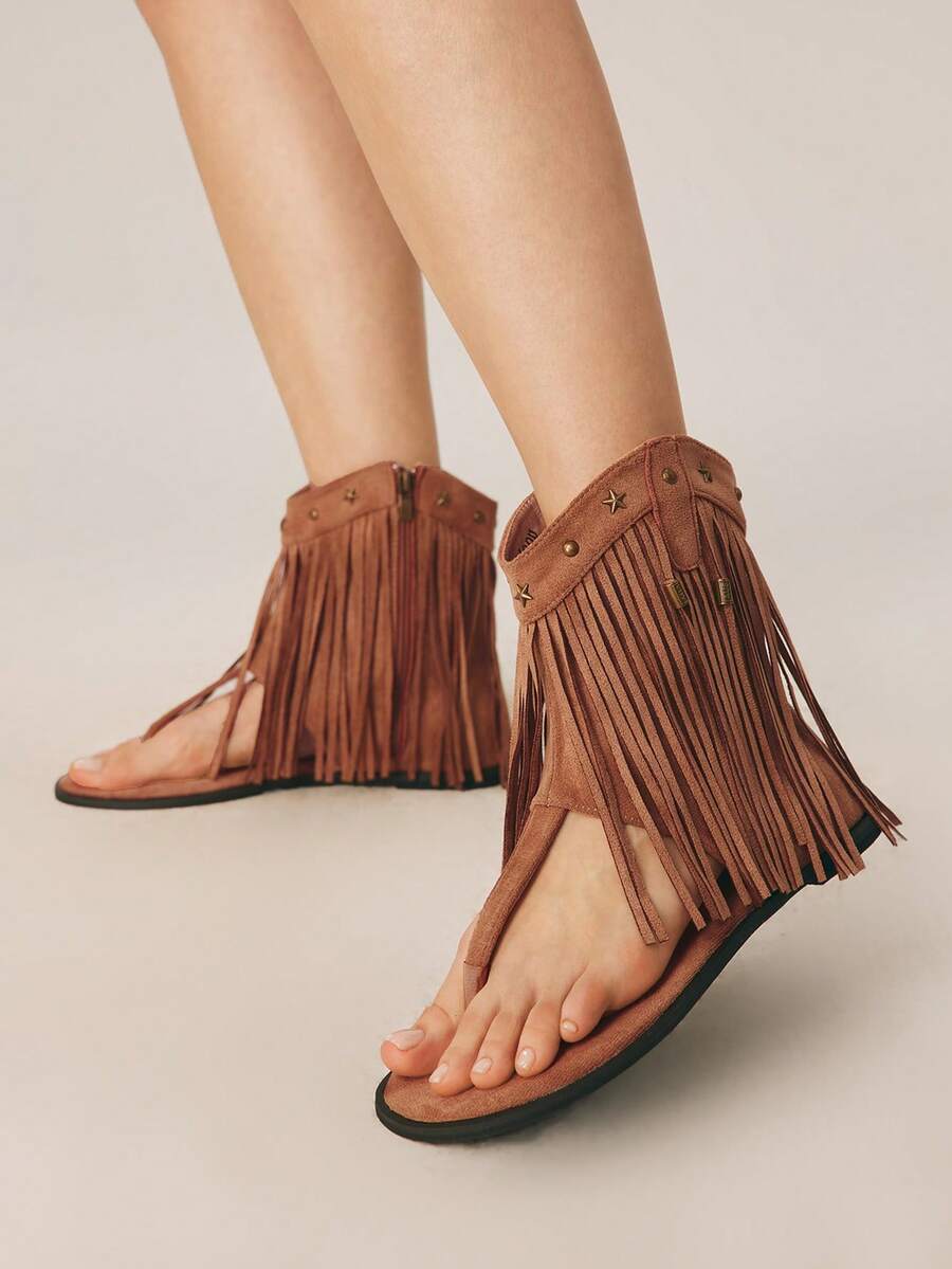 Styleloop New Fashion Velvet Ankle Boots Fringed Toe Open Toe Side Zipper Inner Roman Cool Boots Women's Apricot Spring, Summer Valentine's Day Vacation Outfits Travel Essentials - Light brown - View 1