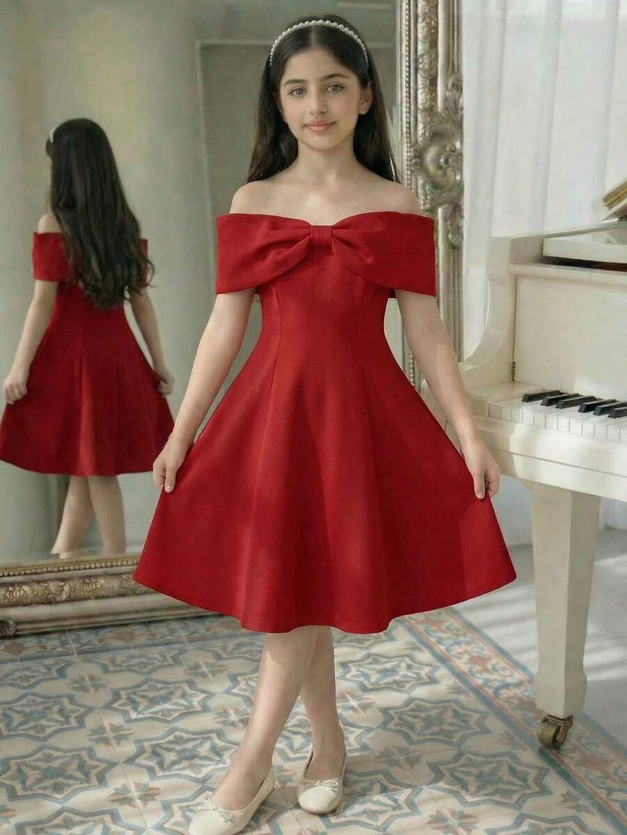 SHEIN Tween Girl Knitted Red Bow Off-Shoulder Elegant Cake Dress Red Off Shoulder Dress Red Bow Dress Tween Bow Knot Shoulder Dress - Black - View 1