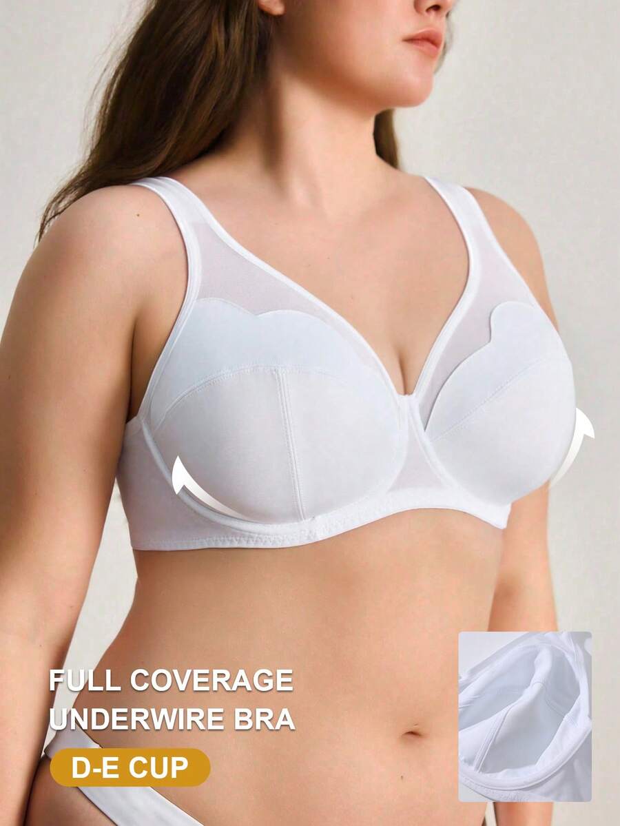 EasyFave 1pc Women's Solid Color Mesh Patchwork Ruffled Cup Edge Underwire Bra Without Lining - White - View 1