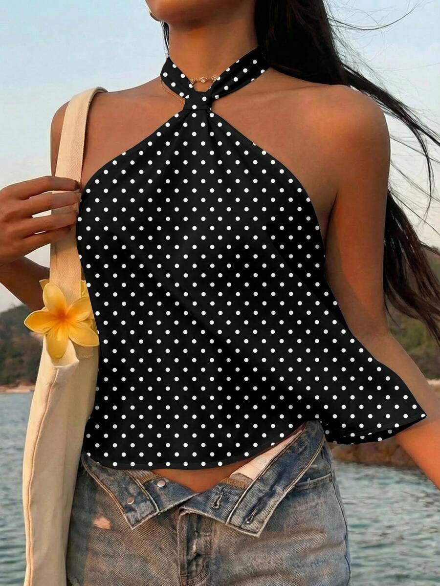 SHEIN EZwear Casual Retro Style Vacation Polka Dot Full Print Pattern Women Top, Suitable For Spring/Summer, Vacation, Retro Party - Multicolor - View 1