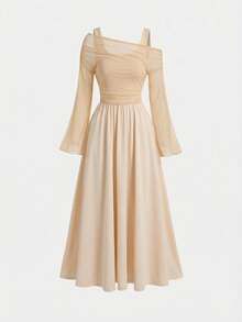 少女优雅修身杏色网纱拼接不对称斜肩喇叭袖褶皱连衣裙，适合女孩参加派对、圣诞节、新年、舞会等场合。 - 杏色 - 查看 2