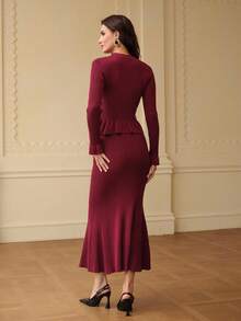 ZEYLAH 两件套优雅针织套装：V领荷叶边开衫毛衣和鱼尾针织半身裙，秋冬款 - 酒紅色 - 查看 3