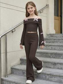 SHEIN Girls' Elegant Color Block Bow Decor Textured Fabric Pink Bow Accent Off-Shoulder Flare Sleeve Long Sleeve T-Shirt And Brown Flare Pants 2-Piece Set - Brown - View 13