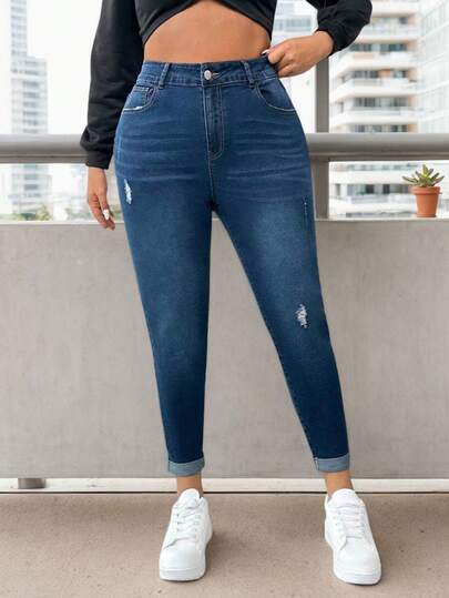 Jeans para mujer con roturas y dobladillo enrollado en talla grande, pantalones vaqueros ajustados con efecto lavado