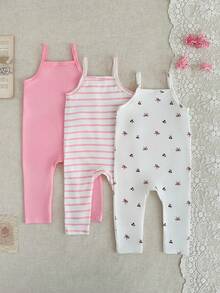 SHEIN 3pcsBaby Girl's Casual, Basic, Versatile Everyday Knitted Jumpsuit, Comfortable, Pink Striped With Bow And Cherry Print, Long Strap, Slim Fit - Multicolor - View 2