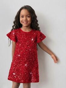 Maija Kids Maija Kids 女童圆领亮片荷叶边袖连衣裙 - 紅色 - 查看 5