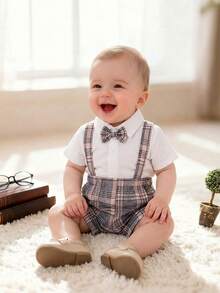 2pcs Baby Boys Short Sleeve Shirt Jumpsuit With Bowtie & Plaid Suspenders Shorts, Gentleman Outfit Suitable For Festivals And Outdoor Activities, Summer Toddler Suit Bow Tie Baby Boy Elegant Clothes Baby Boy Gentleman Outfit Baby Boy Plaid Outfit Boy Summer Outfit Set Vintage Clothes Baby Baby Boy Short Sleeve Suits - Multicolor - View 9