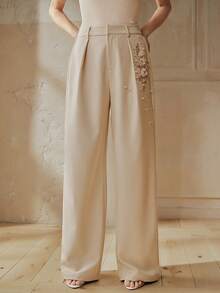 Anewsta Pantaloni da donna in tessuto jacquard, pantaloni eleganti da vacanza per signore con gamba dritta e decorazioni in perle - Albicocca - Visualizzare 8