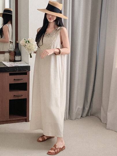 DAZY 女士圆领蕾丝拼接连衣裙，度假风吊带裙