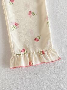 Conjunto de 2 piezas de ropa de estar en casa con cintura elástica y volantes con estampado floral para niñas - Albaricoque - Ver 11