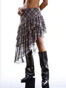 LYSMO Women's Casual Fashion Street Collegiate Style Patterned Print Low Waist Asymmetrical Ruffled Hem Mini Skirt - Purple - View 4