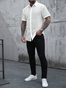 Manfinity Homme Men's Solid Color Single-Breasted Casual/Business Short Sleeve Shirt - White - View 3