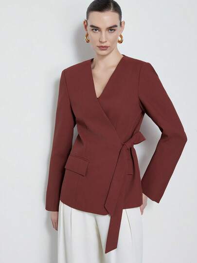 Aveloria Modichic Chaqueta blazer roja con cinturón, elegante y chic, adecuada para el uso diario y la oficina