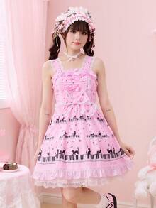 ROMWE Kawaii Đầm Lolita dễ thương dành cho nữ, in hình mèo chơi piano, ren, xếp ly và nơ. - Hồng - Xem 6
