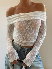 DAZY Women's One-Shoulder Long Sleeve Lace Fabric Fitted Casual T-Shirt, Sexy & Elegant - White - View 5