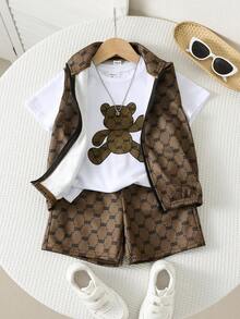 Young Boys 3-Piece Set: Cute Bear & Letter Print Soft Knit Crew Neck Short Sleeve Top, Vest, And Shorts, Casual, Comfortable, Versatile For Daily Wear, Travel, Outdoor, Holidays, Beach, Summer - Khaki - View 6