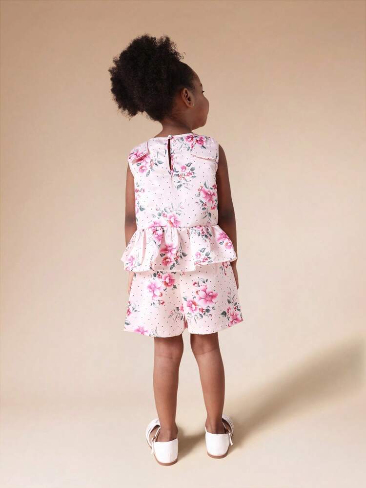 Floral Satin Tank And Shorts Set With Ruffle Waist