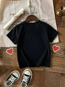 6个月-3岁婴幼儿男童情人节爱心字母印花圆领短袖套头T恤，婴幼儿服装，男童服装，男童上衣，男童套头衫，男童短袖T恤，适合情人节、派对、休闲穿着，甜美酷炫风格，爱心装饰，适合春夏穿着 - 黑色 - 查看 3