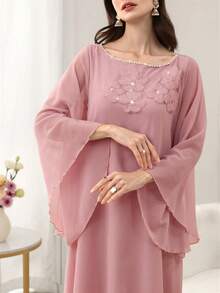 Yasmyna 女士春夏粉色雪纺长袖花卉刺绣优雅土耳其和阿拉伯传统长裙 - 粉色 - 查看 5