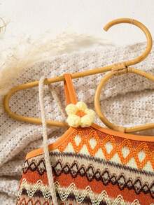 SHEIN Newborn Baby Girl Vacation Casual Knit Striped Floral Strap Romper Summer Baby Outfit Boho Toddler Romper Orange Baby Outfit Boho Baby Clothes - Orange - View 3