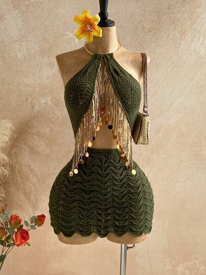 Soleia Women's Vacation Beach Sequin Tassel Decor Backless Halter Mini Knit Dress, Summer Holiday Outfits , Beach Vacation Outfits For Women, Casual Outfit For Women