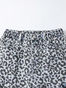 SHEIN ChillGRL Tween Girl Y2K Casual Streetwear Multi-Pocket Drawstring Waist Leopard Print Washed Blue Cargo Jeans - Light Grey - View 6