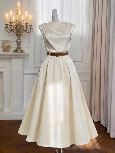 SHEIN MOD Plus Size Women Casual Solid Color Sleeveless Satin Dress