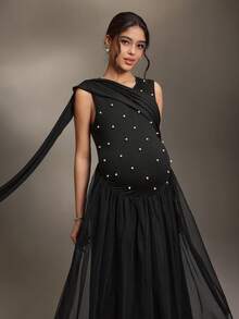 Cheriluna Maternity Đầm không tay màu trơn đính cườm và ruy băng dành cho bà bầu - màu đen - Xem 5