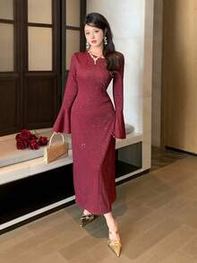 DAZY Romantic Design Oblique Placket Flare Sleeve Fitted Mid-Length Dress For Women, Spring Wedding Guest Dress Maxi Dress Sundress - Burgundy - View 3