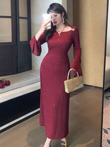 DAZY Romantic Design Oblique Placket Flare Sleeve Fitted Mid-Length Dress For Women, Spring Wedding Guest Dress Maxi Dress Sundress - Burgundy - View 7
