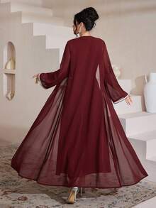Al Najma Set de 2 piezas de cárdigan con cintura ajustada, decoración de encaje y ribete de contraste para mujer, moda, primavera/otoño - Burdeos - Ver 3