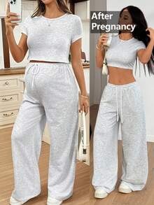 SHEIN 2件套孕妇纯色圆领短袖T恤和抽绳腰裤休闲套装 - 灰色 - 查看 1