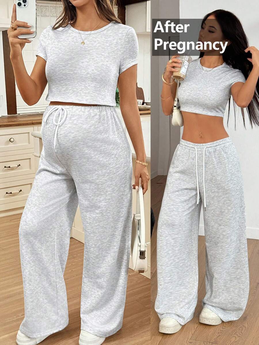 SHEIN 2件套孕妇纯色圆领短袖T恤和抽绳腰裤休闲套装 - 灰色 - 查看 1
