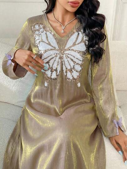 Yasmyna Women's V-Neck Sequin Butterfly Pattern Casual Party Outgoing Arabic Style Dress