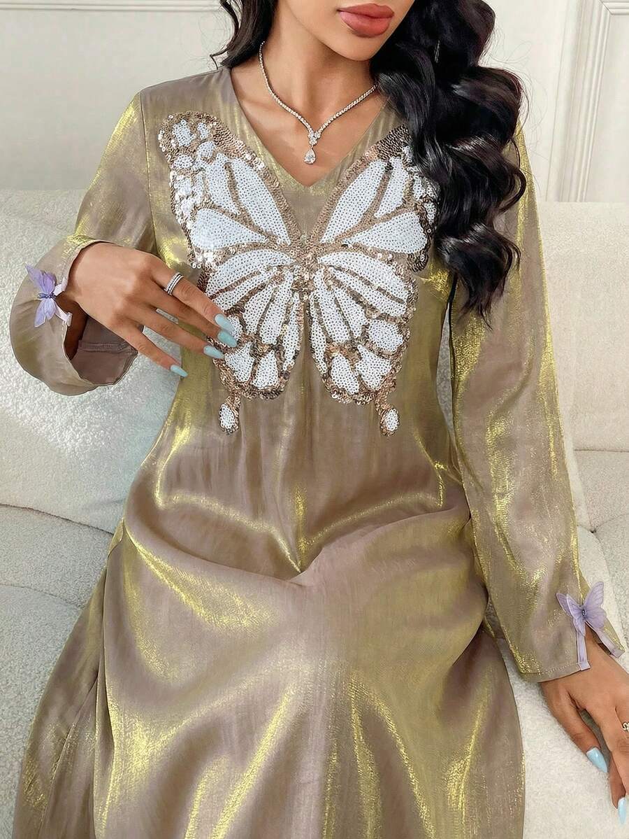 Women's V-Neck Sequin Butterfly Pattern Casual Party Outgoing Arabic Style Dress