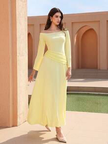 Graceveil Asymmetric One-Shoulder Lace Patchwork Waist Cinched Long Sleeve Midi Dress For Women - Pale Yellow - View 5