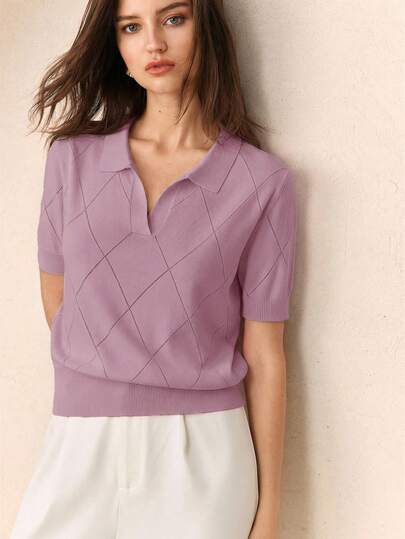 BizChic Women's Light Purple Polo Collar Diamond Pattern Knitted Short Sleeve Pullover Sweater, Basic Minimalist Elegant Stylish Business Casual Office Wear For Ladies