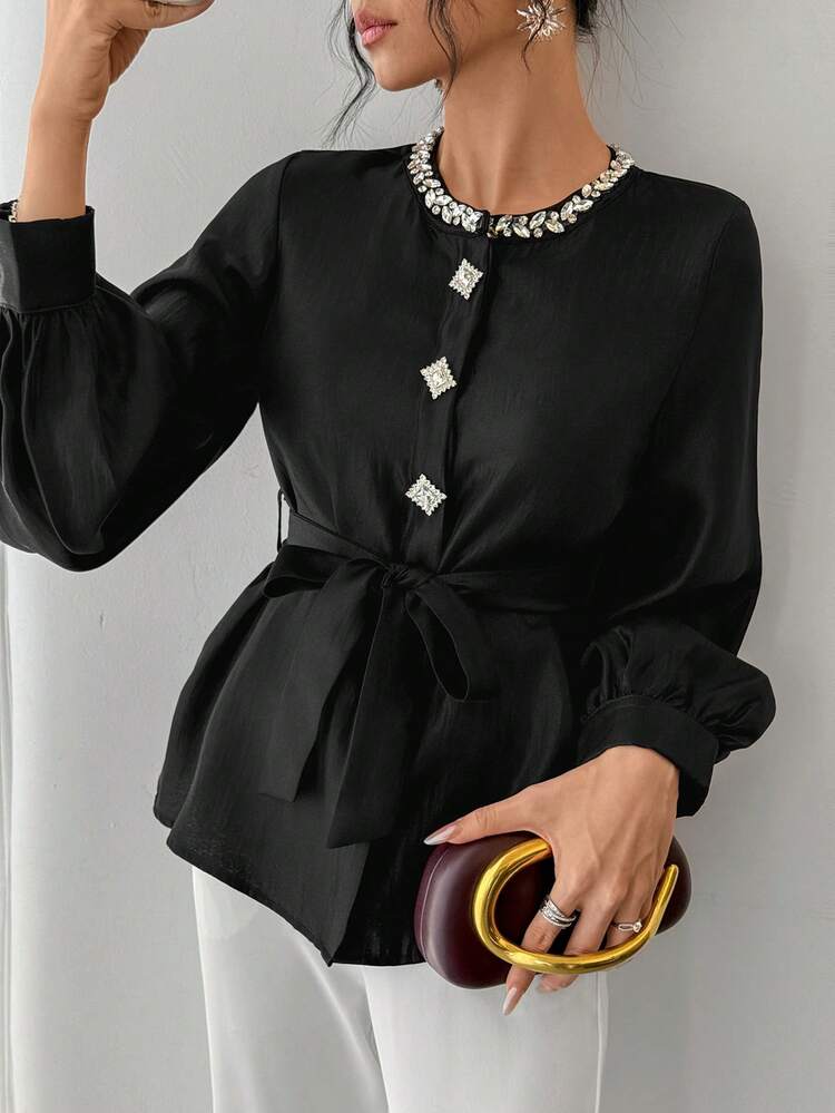 Women's Round Neck Rhinestone Buckle Decor Waist Belt Loose Elegant Blouse