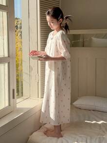 Dazy Kids Tween Girl Floral Print Casual Round Neck Dress Loungewear - Apricot - View 4