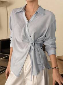 DAZY Women's Turndown Collar Long Sleeve Lace Patchwork Loose Side Tie Casual Shirt - Blue - View 1