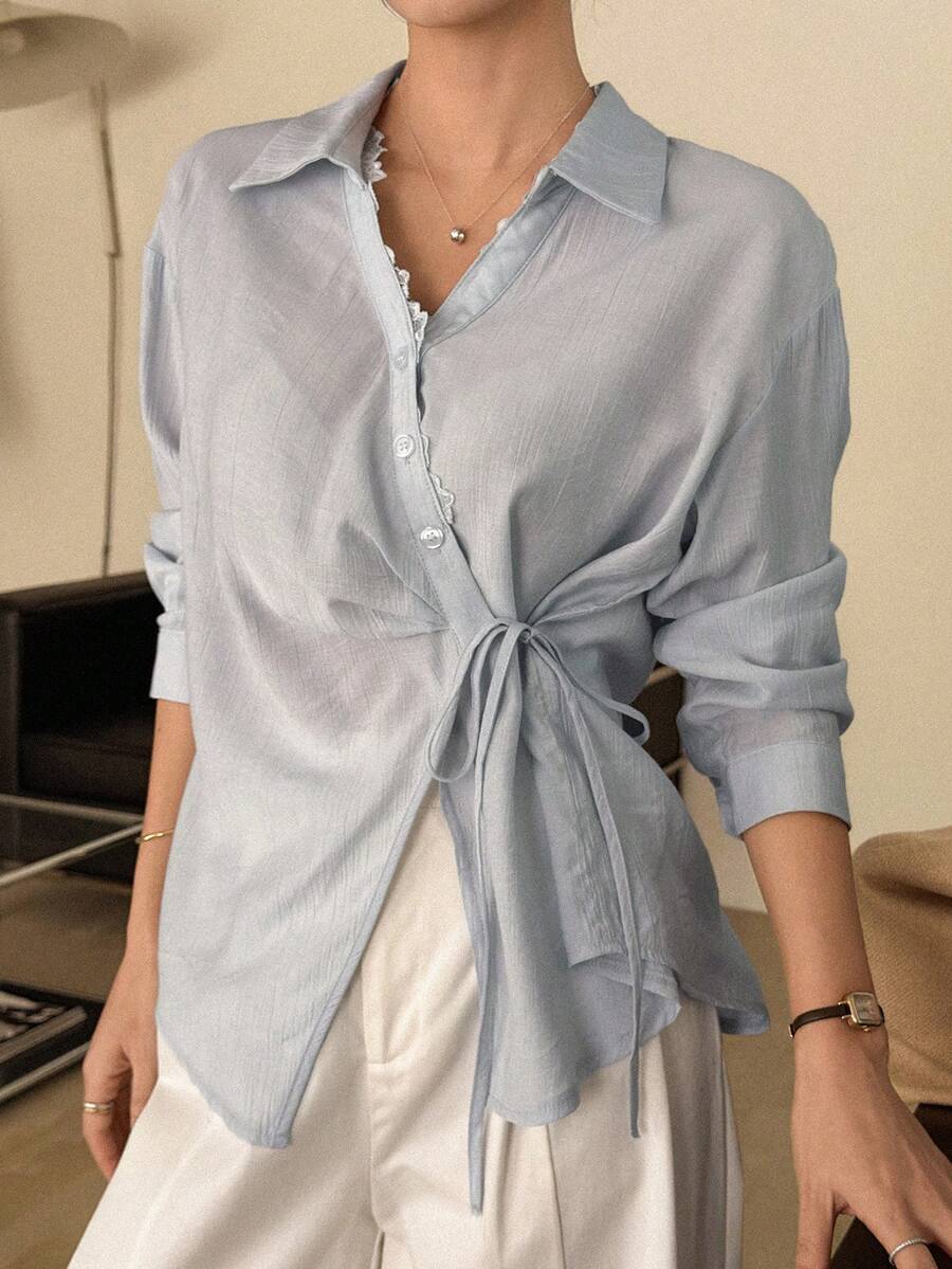 DAZY Women's Turndown Collar Long Sleeve Lace Patchwork Loose Side Tie Casual Shirt - Blue - View 1
