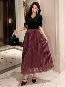 DAZY Women's Elastic Waist Elegant Lace Patchwork Pleated Maxi Skirt - Burgundy - View 2