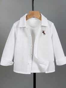 1pc Toddler Boys' Gentleman Style White Textured Long Sleeve Button-Up Shirt, Woven Cotton Bamboo Fiber Textured Fabric, Classic Collar Design, 5 White Buttons On Front, Left Chest Embroidered Polo Player Logo, Suitable For Casual, Holiday, Outing, Can Be Paired With Suit Jacket And Trousers - White - View 3