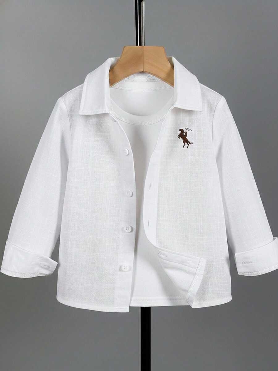 1pc Toddler Boys' Gentleman Style White Textured Long Sleeve Button-Up Shirt, Woven Cotton Bamboo Fiber Textured Fabric, Classic Collar Design, 5 White Buttons On Front, Left Chest Embroidered Polo Player Logo, Suitable For Casual, Holiday, Outing, Can Be Paired With Suit Jacket And Trousers - White - View 1