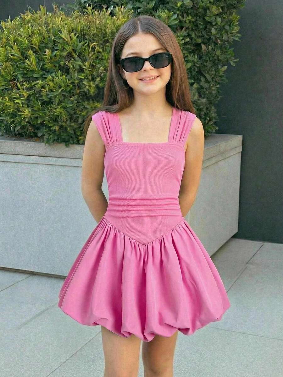 SHEIN 少女休闲优雅都市时尚蝙蝠袖拼接灯笼下摆连衣裙，春夏款 - 黑色 - 查看 1