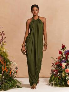 Zivah 2026 Spring/Summer New Arrival Wedding Season, Music Festival, Easter, Western, Boho, Nashville Inspired Dress With Halter Neck, Sexy Open Back, Front Ruching, Loose A-Line Silhouette, Suitable For Parties, Weddings, Evenings, Dates, Gatherings - Olive Green - View 3