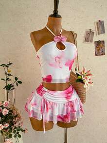 Soleia 女士印花露背吊带镂空两件套，夏季时尚 - 彩色 - 查看 7