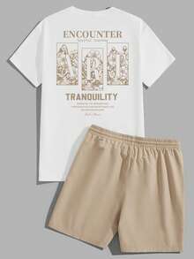 VIVINTIMO Men's Fitted Knit Top And Woven Shorts Set, Letter Graphic Print T-Shirt Set - Multicolor - View 1