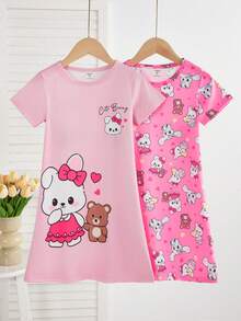 2pcs/Set Girls Cute Cartoon Sheep Print Nightgown Pajama Set, Minimalist Fashion Pink & Gray, Sleepwear Girls Pajama Dress - Pink - View 7